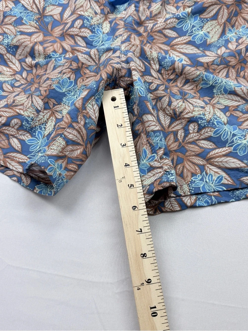 Patagonia Blue and Brown Leaf-Print Swim Trunks